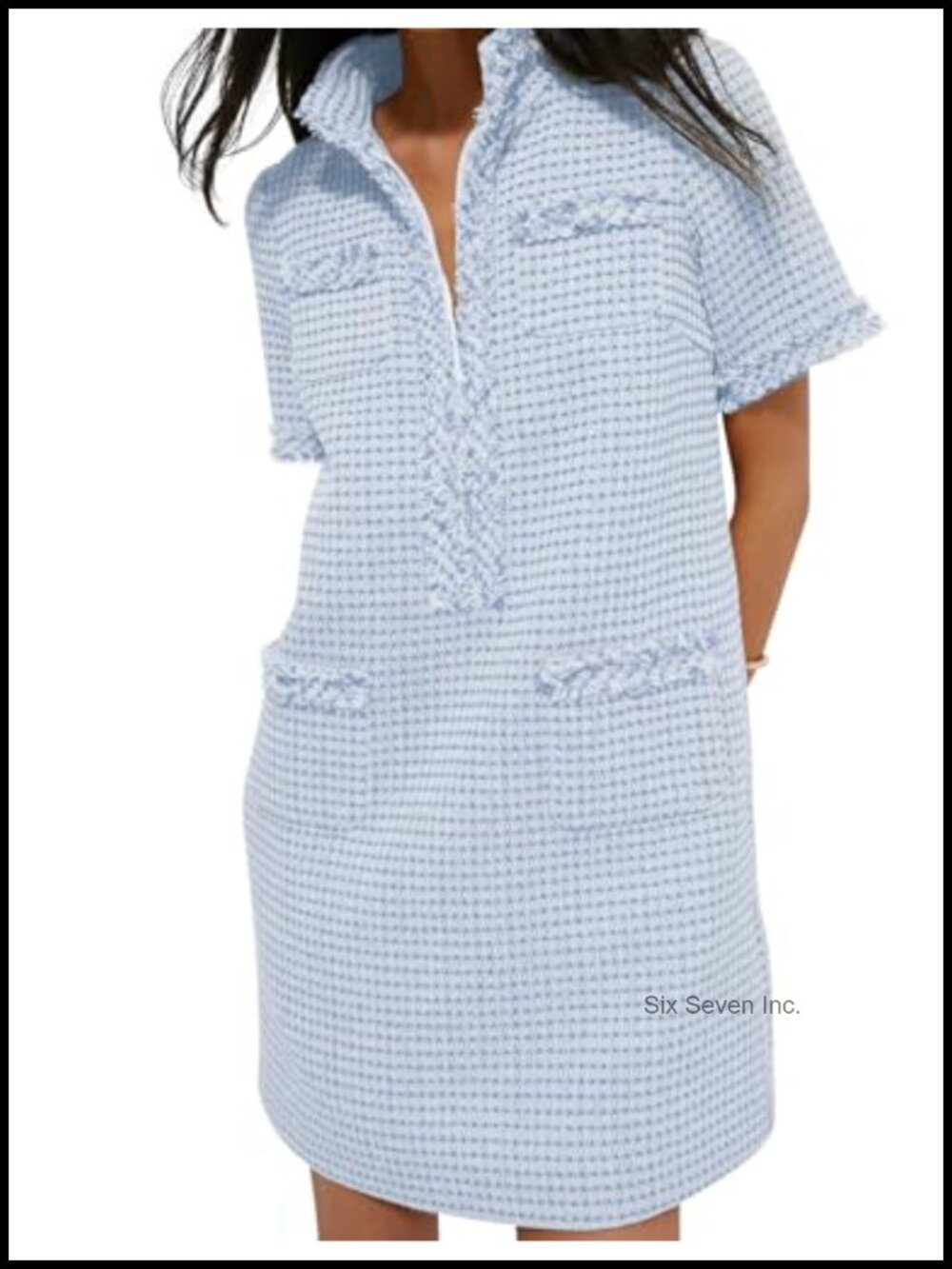 Women's Tweed Mini Dress V-Neck Short Sleeve Bodycon Shift Dress Work Casual